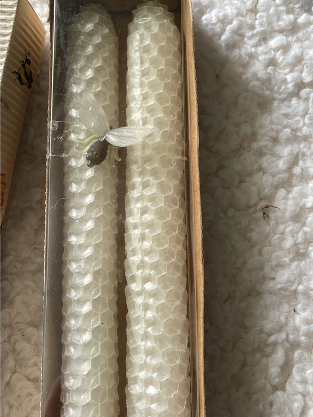 Handmade Honeycomb Beeswax Taper Candles with Bee Accent - Ivory x3 pkgs